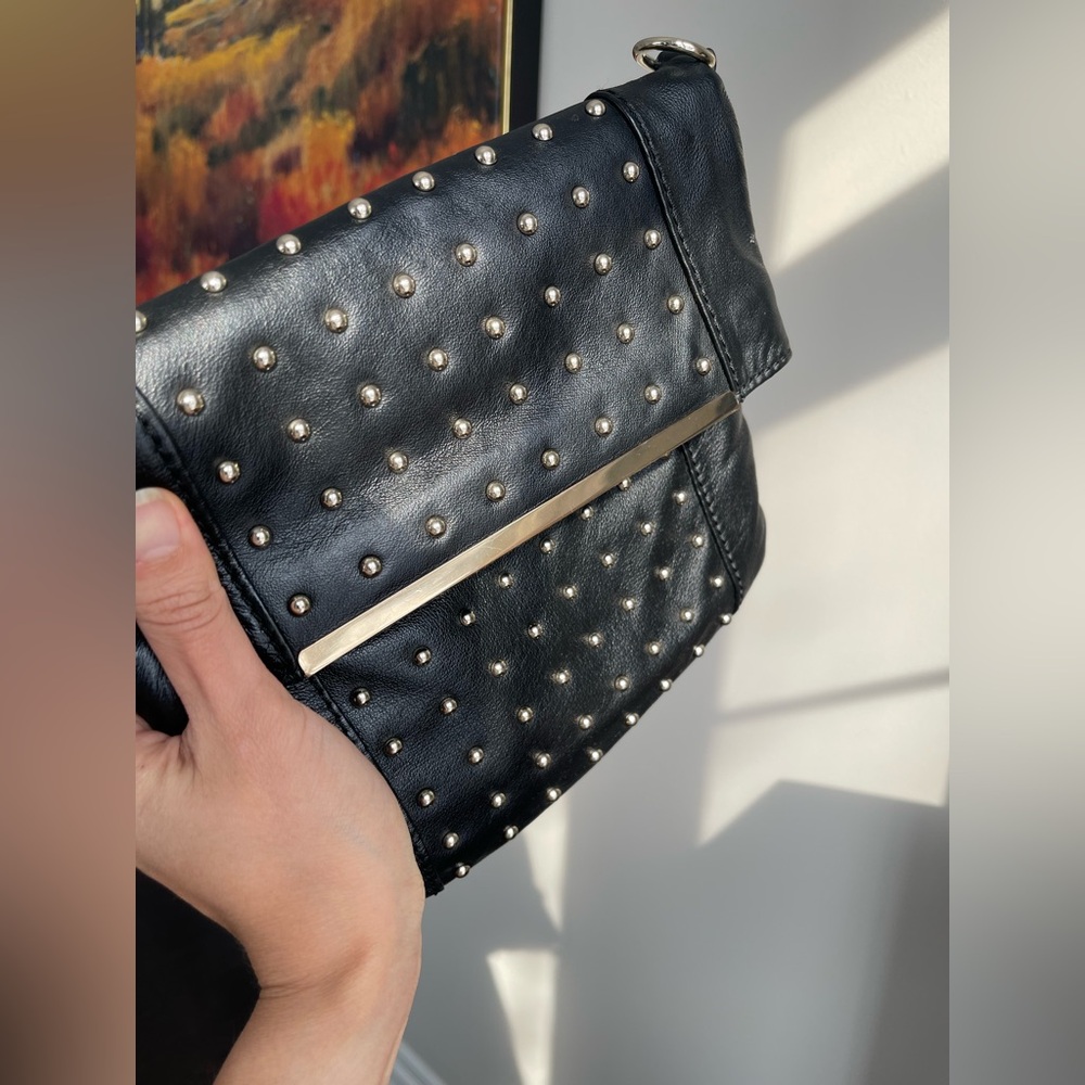 Danier | Black Studded Leather HandBag, Silver Strip Detail, Magnet Closure - Picture 6 of 14